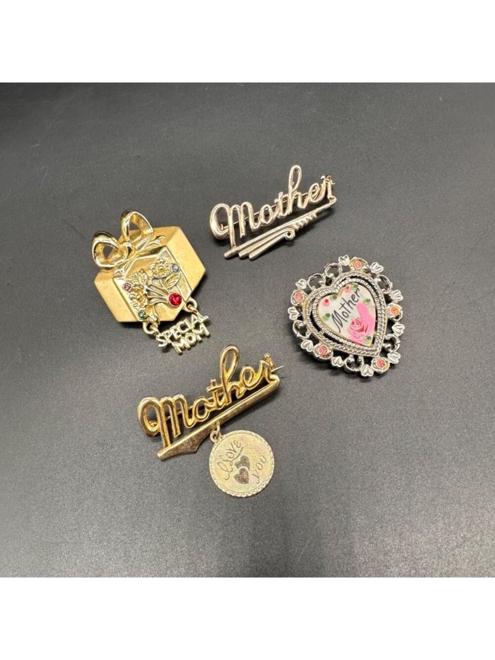 Vintage Brooch Pins Lot of Four Mother Mom Heart Floral Love Gift Retro Jewelry